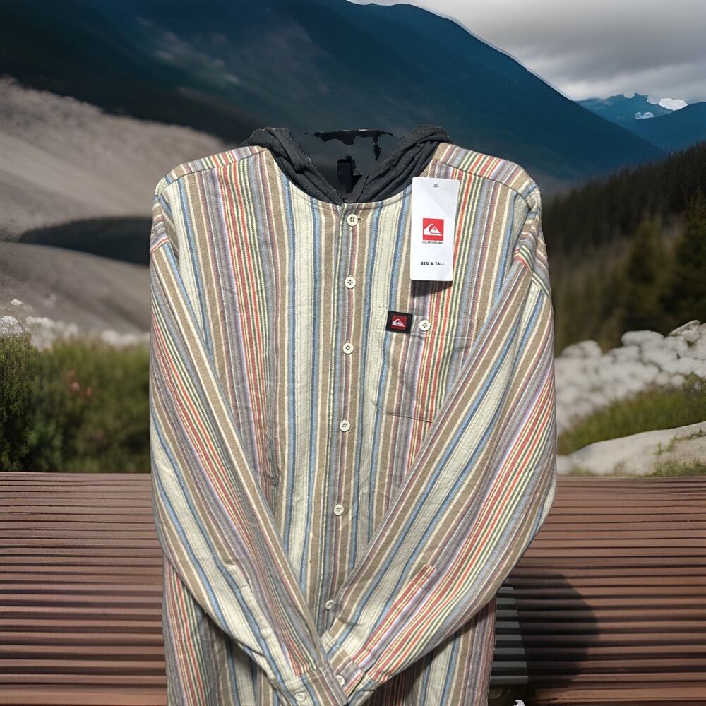 Quiksilver Men 2XL Big & Tall NWT Multicolor Striped Hoodie Shirt LS